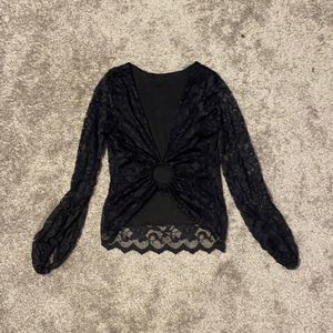 Deep V-neck 3/4 Sleeved Black Lace Club Top